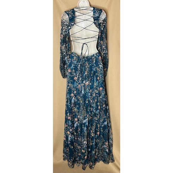 Mac Duggal Teal Floral Bling Cut Out Gown 0 - Picture 9 of 15